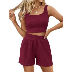 imageTrendy Queen Two Piece Summer Outfits 2 Piece Sets 2025 Sleeveless Matching Lounge Crop Top High Waisted ShortBurgundy