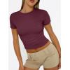 imageTrendy Queen Womens Basic T Shirts Summer 2025 Scoop Neck Short Sleeve Crop Tops Slim Fit Tees Y2k ClothingWine Red