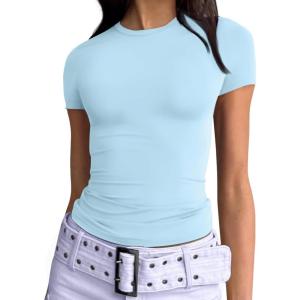 imageTrendy Queen Womens Basic T Shirts Summer 2025 Scoop Neck Short Sleeve Crop Tops Slim Fit Tees Y2k ClothingBaby Blue