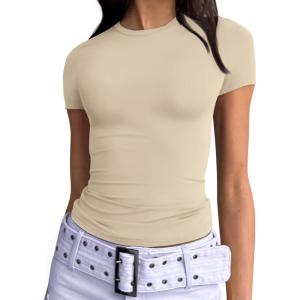imageTrendy Queen Womens Basic T Shirts Summer 2025 Scoop Neck Short Sleeve Crop Tops Slim Fit Tees Y2k ClothingBeige
