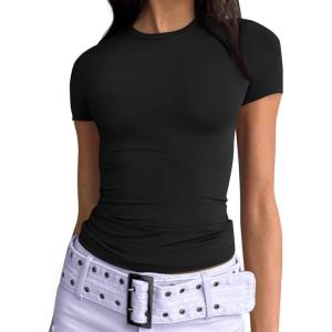 imageTrendy Queen Womens Basic T Shirts Summer 2025 Scoop Neck Short Sleeve Crop Tops Slim Fit Tees Y2k ClothingBlack