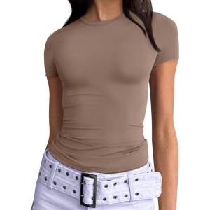 imageTrendy Queen Womens Basic T Shirts Summer 2025 Scoop Neck Short Sleeve Crop Tops Slim Fit Tees Y2k ClothingCoffee Grey