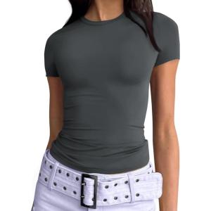 imageTrendy Queen Womens Basic T Shirts Summer 2025 Scoop Neck Short Sleeve Crop Tops Slim Fit Tees Y2k ClothingGray