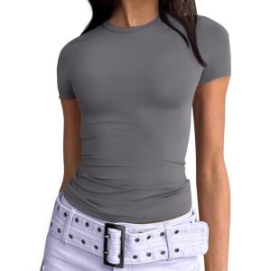 imageTrendy Queen Womens Basic T Shirts Summer 2025 Scoop Neck Short Sleeve Crop Tops Slim Fit Tees Y2k ClothingGrey02