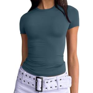 imageTrendy Queen Womens Basic T Shirts Summer 2025 Scoop Neck Short Sleeve Crop Tops Slim Fit Tees Y2k ClothingHaze Blue