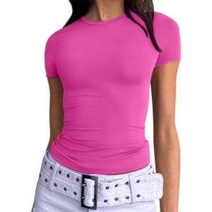 imageTrendy Queen Womens Basic T Shirts Summer 2025 Scoop Neck Short Sleeve Crop Tops Slim Fit Tees Y2k ClothingHot Pink