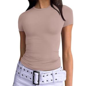 imageTrendy Queen Womens Basic T Shirts Summer 2025 Scoop Neck Short Sleeve Crop Tops Slim Fit Tees Y2k ClothingLatte