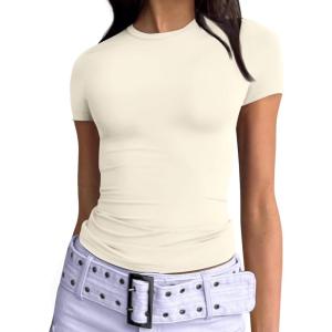 imageTrendy Queen Womens Basic T Shirts Summer 2025 Scoop Neck Short Sleeve Crop Tops Slim Fit Tees Y2k ClothingLight Apricot