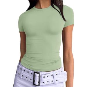 imageTrendy Queen Womens Basic T Shirts Summer 2025 Scoop Neck Short Sleeve Crop Tops Slim Fit Tees Y2k ClothingLight Green