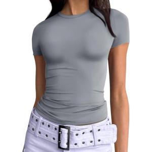 imageTrendy Queen Womens Basic T Shirts Summer 2025 Scoop Neck Short Sleeve Crop Tops Slim Fit Tees Y2k ClothingLight Grey