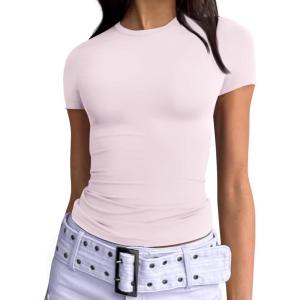 imageTrendy Queen Womens Basic T Shirts Summer 2025 Scoop Neck Short Sleeve Crop Tops Slim Fit Tees Y2k ClothingLight Pink