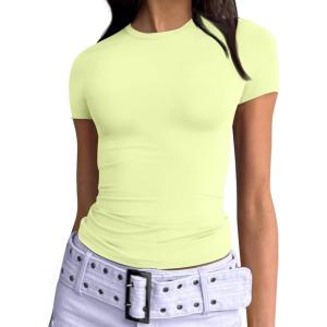 imageTrendy Queen Womens Basic T Shirts Summer 2025 Scoop Neck Short Sleeve Crop Tops Slim Fit Tees Y2k ClothingLime Green