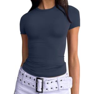 imageTrendy Queen Womens Basic T Shirts Summer 2025 Scoop Neck Short Sleeve Crop Tops Slim Fit Tees Y2k ClothingNavy
