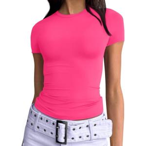 imageTrendy Queen Womens Basic T Shirts Summer 2025 Scoop Neck Short Sleeve Crop Tops Slim Fit Tees Y2k ClothingNeon Pink