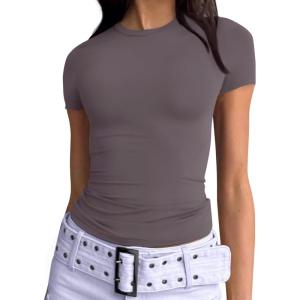 imageTrendy Queen Womens Basic T Shirts Summer 2025 Scoop Neck Short Sleeve Crop Tops Slim Fit Tees Y2k ClothingNutmeg