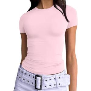 imageTrendy Queen Womens Basic T Shirts Summer 2025 Scoop Neck Short Sleeve Crop Tops Slim Fit Tees Y2k ClothingPink