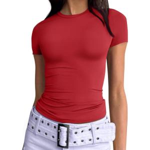 imageTrendy Queen Womens Basic T Shirts Summer 2025 Scoop Neck Short Sleeve Crop Tops Slim Fit Tees Y2k ClothingRed