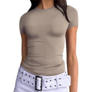 imageTrendy Queen Womens Basic T Shirts Summer 2025 Scoop Neck Short Sleeve Crop Tops Slim Fit Tees Y2k ClothingTaupe