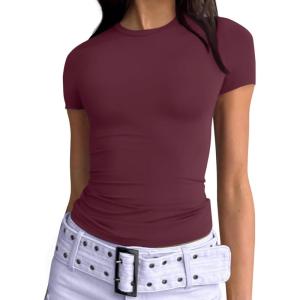 imageTrendy Queen Womens Basic T Shirts Summer 2025 Scoop Neck Short Sleeve Crop Tops Slim Fit Tees Y2k ClothingWine Red