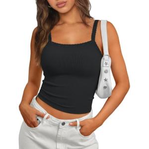 imageTrendy Queen Camisole Lace Tops for Women Spaghetti Strap Going Out Y2K Summer Crop Tank Top Sleeveless Sexy Basic ShirtsBlack