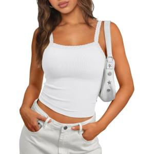 imageTrendy Queen Camisole Lace Tops for Women Spaghetti Strap Going Out Y2K Summer Crop Tank Top Sleeveless Sexy Basic ShirtsWhite