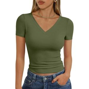 imageTrendy Queen Womens Basic V Neck Short Sleeve T Shirts Slim Fit Crop Y2k Tee 2025 Summer Cute Gym Fashion ClothesArmygreen