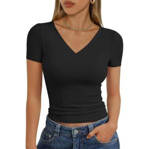 imageTrendy Queen Womens Basic V Neck Short Sleeve T Shirts Slim Fit Crop Y2k Tee 2025 Summer Cute Gym Fashion ClothesBlack