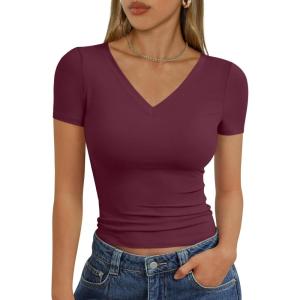 imageTrendy Queen Womens Basic V Neck Short Sleeve T Shirts Slim Fit Crop Y2k Tee 2025 Summer Cute Gym Fashion ClothesBurgundy