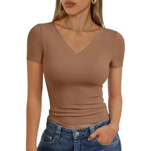 imageTrendy Queen Womens Basic V Neck Short Sleeve T Shirts Slim Fit Crop Y2k Tee 2025 Summer Cute Gym Fashion ClothesCoffee