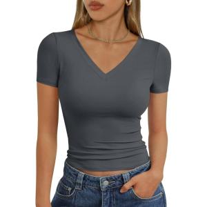 imageTrendy Queen Womens Basic V Neck Short Sleeve T Shirts Slim Fit Crop Y2k Tee 2025 Summer Cute Gym Fashion ClothesDarkgrey