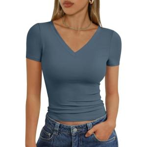 imageTrendy Queen Womens Basic V Neck Short Sleeve T Shirts Slim Fit Crop Y2k Tee 2025 Summer Cute Gym Fashion ClothesHazeblue