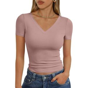 imageTrendy Queen Womens Basic V Neck Short Sleeve T Shirts Slim Fit Crop Y2k Tee 2025 Summer Cute Gym Fashion ClothesNutmeg