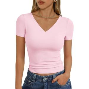 imageTrendy Queen Womens Basic V Neck Short Sleeve T Shirts Slim Fit Crop Y2k Tee 2025 Summer Cute Gym Fashion ClothesPink