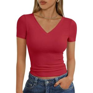 imageTrendy Queen Womens Basic V Neck Short Sleeve T Shirts Slim Fit Crop Y2k Tee 2025 Summer Cute Gym Fashion ClothesRed