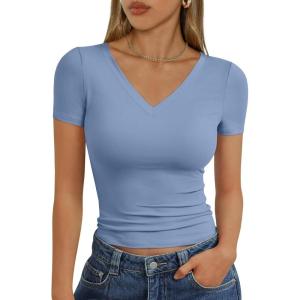 imageTrendy Queen Womens Basic V Neck Short Sleeve T Shirts Slim Fit Crop Y2k Tee 2025 Summer Cute Gym Fashion ClothesSky