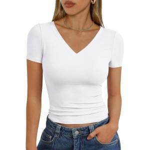 imageTrendy Queen Womens Basic V Neck Short Sleeve T Shirts Slim Fit Crop Y2k Tee 2025 Summer Cute Gym Fashion ClothesWhite