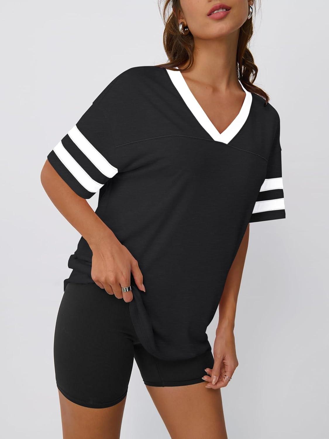 imageTrendy Queen Oversized TShirts for Women Short Sleeve V Neck Workout Summer Tops Casual Loost Fit Y2K Color Block TeesBlack