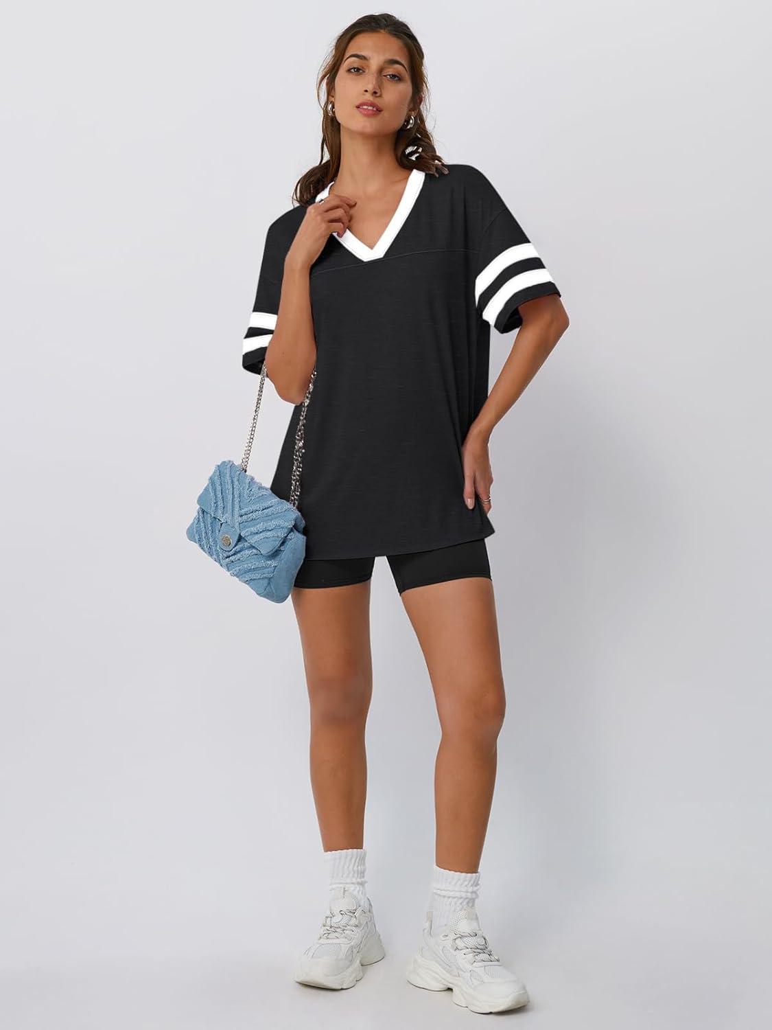 imageTrendy Queen Oversized TShirts for Women Short Sleeve V Neck Workout Summer Tops Casual Loost Fit Y2K Color Block TeesBlack