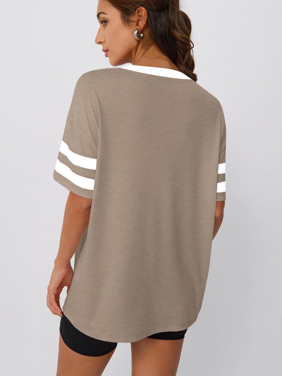 imageTrendy Queen Oversized TShirts for Women Short Sleeve V Neck Workout Summer Tops Casual Loost Fit Y2K Color Block TeesKhaki