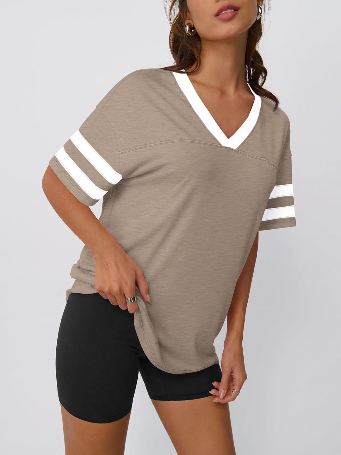imageTrendy Queen Oversized TShirts for Women Short Sleeve V Neck Workout Summer Tops Casual Loost Fit Y2K Color Block TeesKhaki