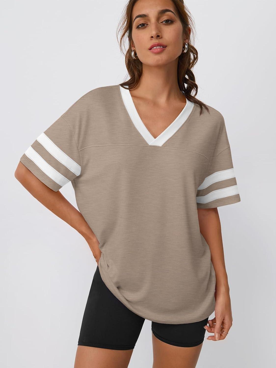 imageTrendy Queen Oversized TShirts for Women Short Sleeve V Neck Workout Summer Tops Casual Loost Fit Y2K Color Block TeesKhaki