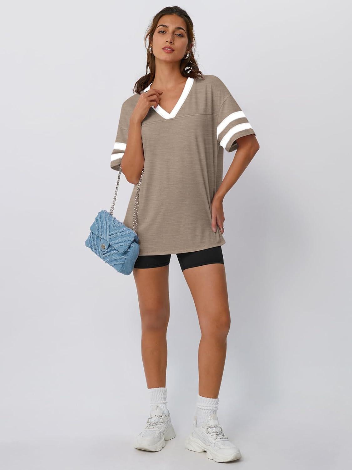 imageTrendy Queen Oversized TShirts for Women Short Sleeve V Neck Workout Summer Tops Casual Loost Fit Y2K Color Block TeesKhaki