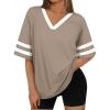 imageTrendy Queen Oversized TShirts for Women Short Sleeve V Neck Workout Summer Tops Casual Loost Fit Y2K Color Block TeesKhaki