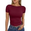 imageTrendy Queen Womens Boat Neck Tops Short Sleeve TShirts Going Out Compression Summer Y2k Basic Clothes 2025Burgundy