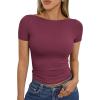 imageTrendy Queen Womens Boat Neck Tops Short Sleeve TShirts Going Out Compression Summer Y2k Basic Clothes 2025Winered