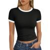 imageTrendy Queen Womens Crop Cute Tops Summer Top 2025 Y2k Short Sleeve Shirts Crewneck Color Block Slim Fit Basic ShirtBlack