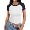 imageTrendy Queen Womens Spring Tops 2025 Crewneck Ribbed Short Sleeve Shirts Summer Raglan Sleeve Crop Top Cute Slim OutfitsWhiteblack