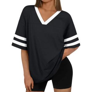 imageTrendy Queen Oversized TShirts for Women Short Sleeve V Neck Workout Summer Tops Casual Loost Fit Y2K Color Block TeesBlack
