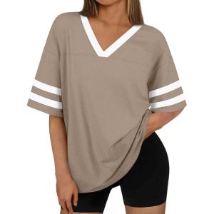 imageTrendy Queen Oversized TShirts for Women Short Sleeve V Neck Workout Summer Tops Casual Loost Fit Y2K Color Block TeesKhaki
