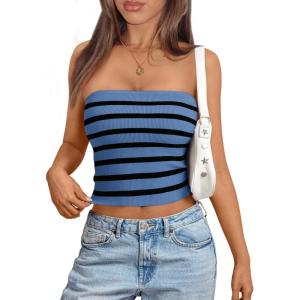 imageTrendy Queen Women Striped Tube Tops Strapless Going Out Backless Sleeveless Sexy Cute Y2k Knit Crop Summer Clothes 2025Blueblack